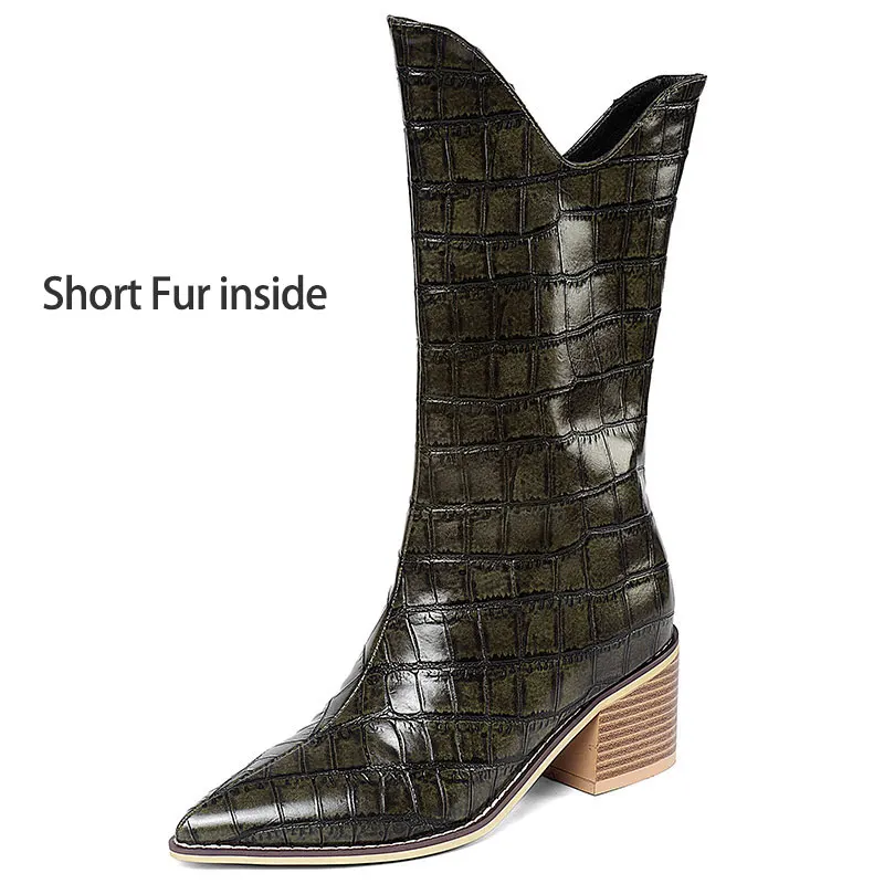 Fur inside green Lsewilly/ковбойские сапоги до середины икры в стиле панк; женские сапоги в байкерском стиле на необычном высоком каблуке без застежки; большие размеры 34-43; K238 - Цвет: Fur inside green