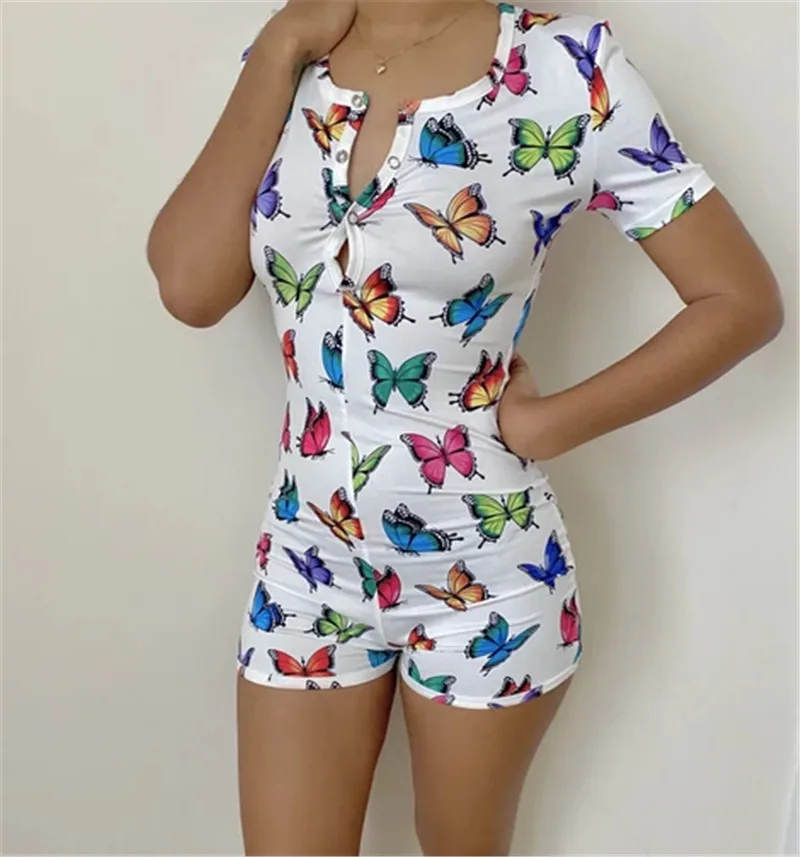 Sexy Women Print Rompers Jumpsuits V-neck Sleepwear Pajamas Long Sleeve Bodycon Short Jumpsuits Nightwear Pajama