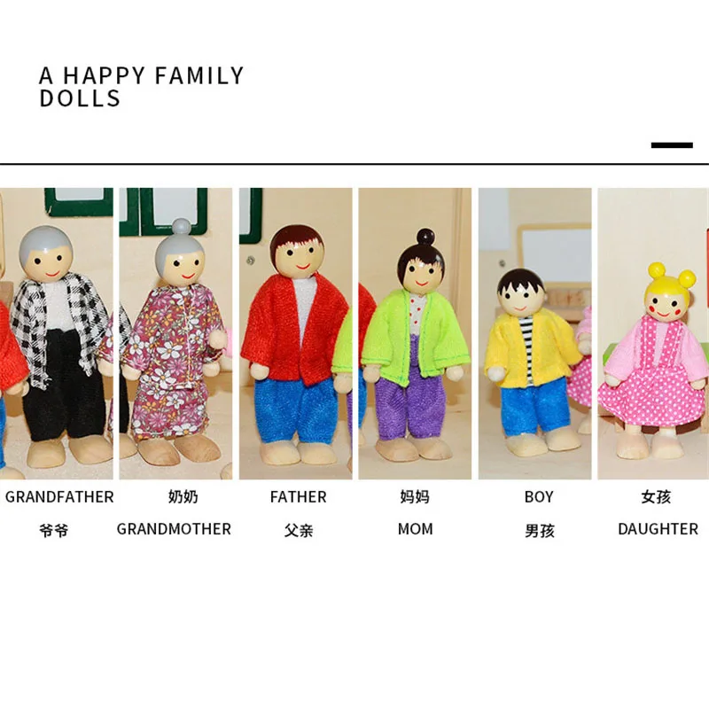 New Wooden Furniture Miniature Toy Mini Wood Dolls Family Doll Kids Children House Play Toy Boys Girls Gifts 6