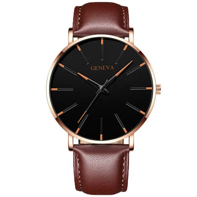 2021 NEW Watch Men Stainless Steel Mesh Belt Quartz Minimalist Ultra Thin Watches Men's Sports Leather Watch relogio masculino Leather Orange Rose