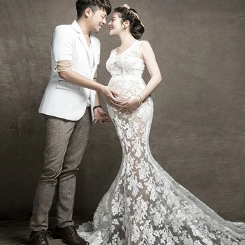 

Trailing Maternity Wear Maternity Clothing Shooting Long Dresses Lace Perspective Dress for Pregnant Women in Europe and America