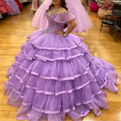 Off the Shoulder Ball Gown Quinceanera Dresses Lace Beading Tiered Ruffles Prom Gowns Sweet 15 Masquerade Dress