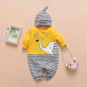 

New Autumn Baby Newborn Baby Rompers Long Sleeve Cartoon Casual 3D Elephant Striped Clothes Boys Cotton Jumpsuit High Quality