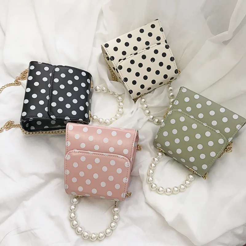 

INS Super Fire Bag Women's 2019 New Style Dotted Square Sling Bag Crossbody Bag Pearl Chain Handbag