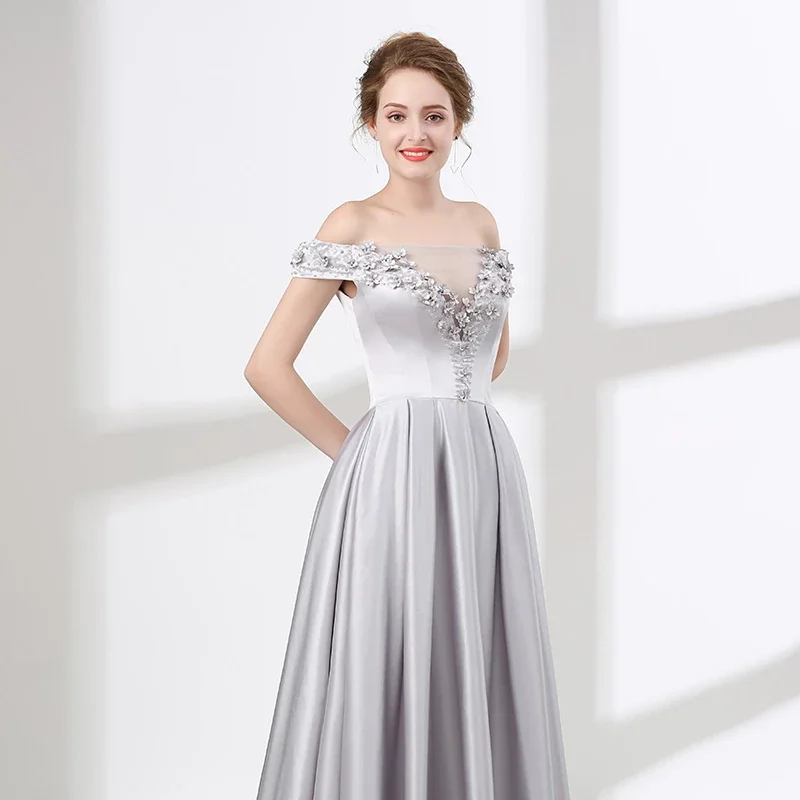 Серый с плеча вечернее платье без рукавов бисером вечернее платье бальное платье длиной до пола атласное длинное платье