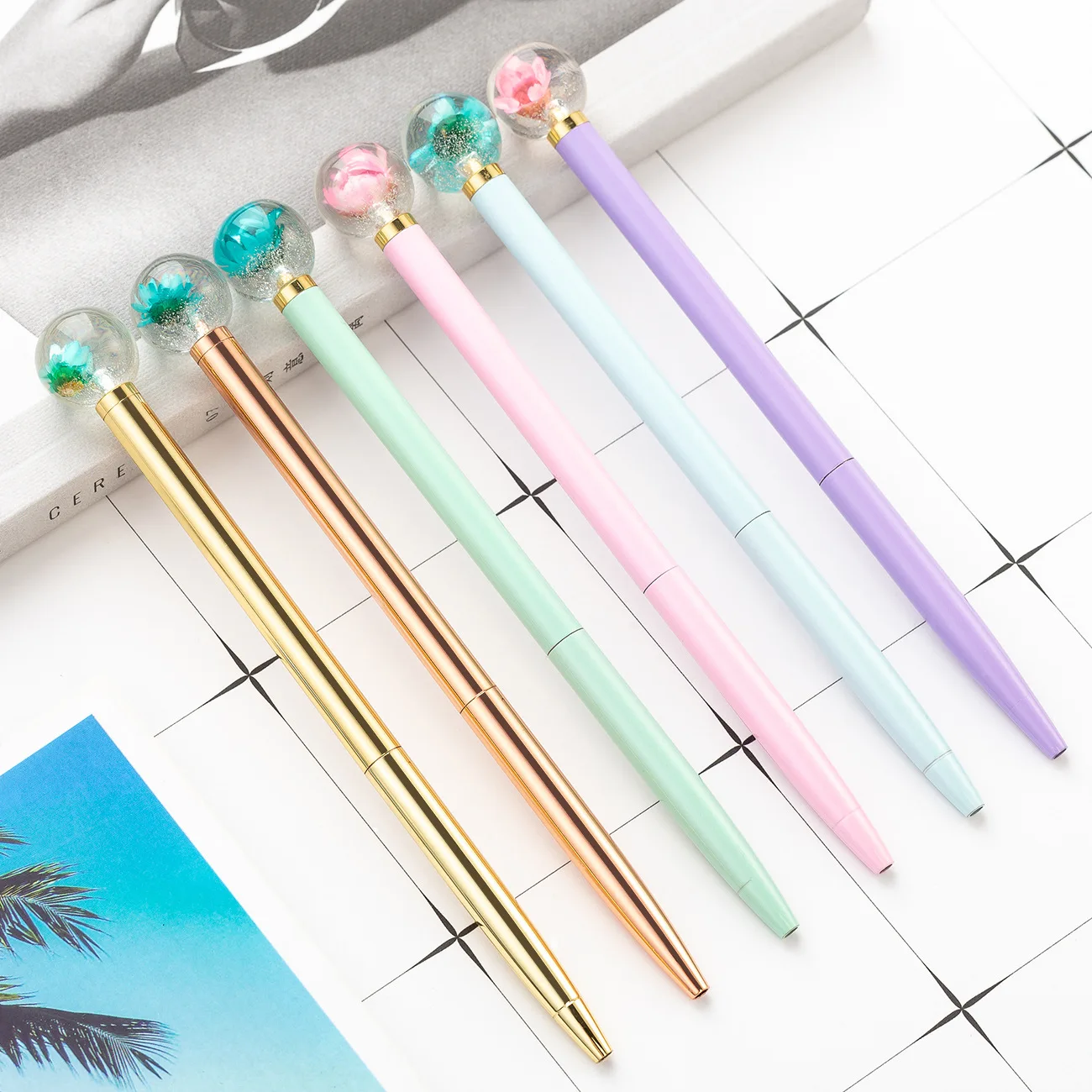 

24 Pcs Per Set Dried Flower Cute Ballpoint Pen Metal Pen Fashion Crystal Pen Wholesale Gift