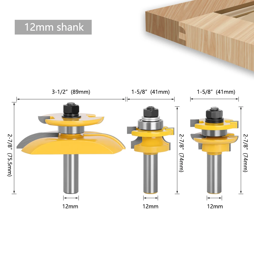 Lavie 3 stücke 12mm 1/2 "schaft rund über schiene & stile cove panel raiser router bit set tenon cutter fräser fräser für holz mc03125 – Detail 5