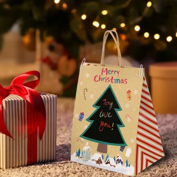 

12pcs Reusable DIY Graffiti Durable Large Capacity Brown Paper Portable Christmas Gift Bag Wrapping For Presents Cute Party