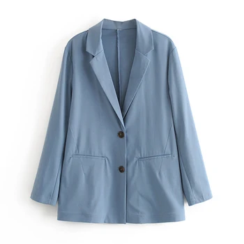 

Stylish Blue Office Wear Women Blazer Coat Fashion Long Sleeve Pockets Female Outerwear Casual Suit Blazers Chic Tops