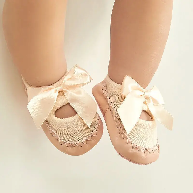 

CYSINCOS Children Baby Floor Boat Socks Children's Baby Low To Help Footwear Socks Non-slip Breathable Bow Leather Socks
