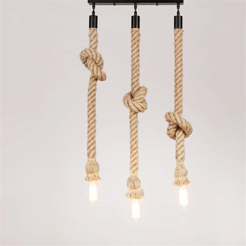 Vintage Industrial Style E27 Retro Three Head Hemp Rope Pendant Lamp Bulb Holder Hanging Light Fixture For Country Home Decor