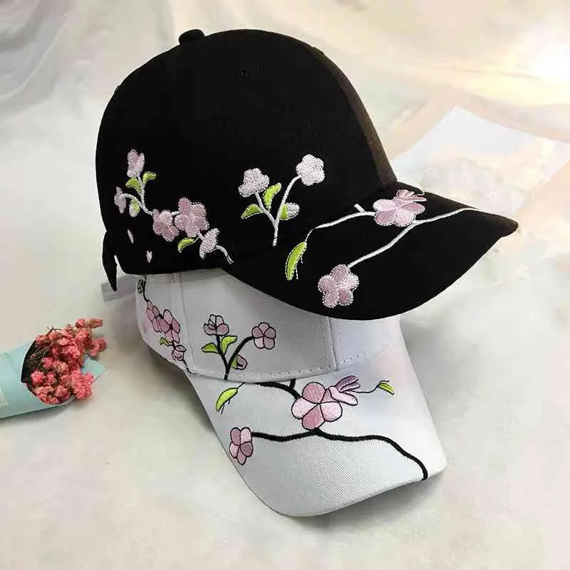 JK Korean Flower Embroidery Baseball Caps Women Girl Cute Plum Outdoor Long Brim Sun Visor Hats Cotton Adjustable Sports Cap