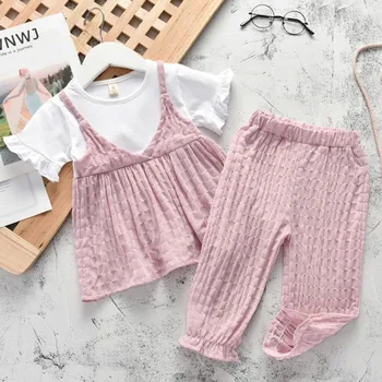

Baby Girl Solid Color Skirt Suit Summer Girls Casual Outfits High Qulity Cotton Print Short Sleeve Top + Floral Short Skirt 2pcs
