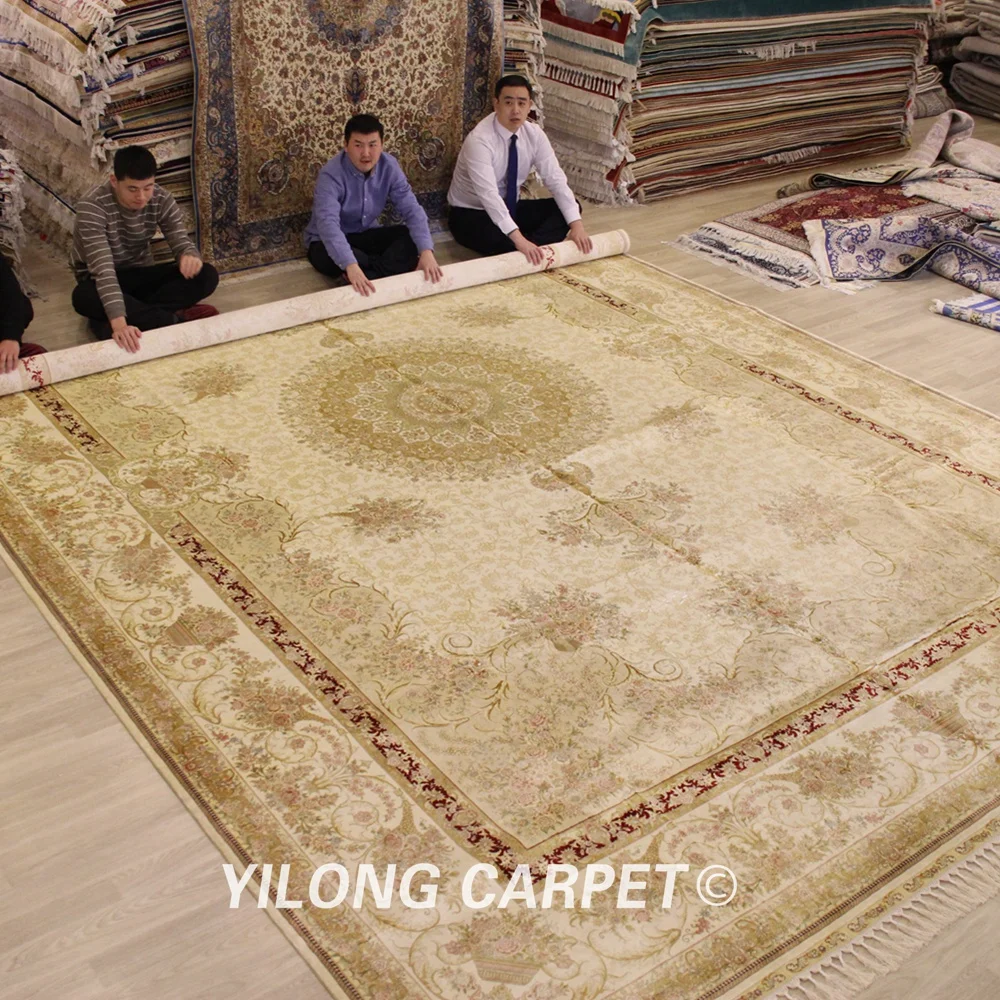 Yilong 12'x18' Винтаж негабаритных персидский шелковый ковер ручной завязанный медальон ковры(YWX102A