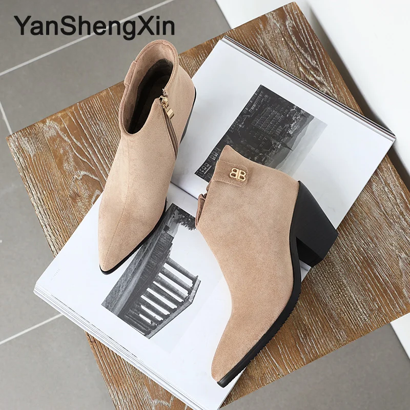 YANSHENGXIN/Женская обувь; ботильоны с острым носком; женская обувь на шпильках; сезон осень-зима; женские ботинки на молнии