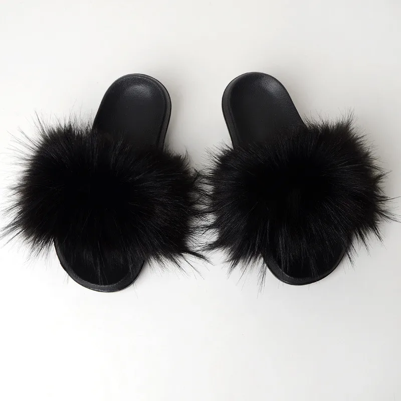 

Women Faux Fur Slippers New Arrival Faux Raccoon Fur Slides Women Slippers Plush Fluffy Slippers Furry Slides Women Cute Shoes
