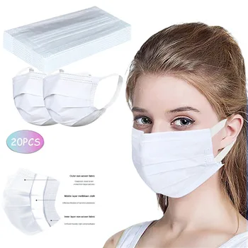 

20Pcs White Disposable Face Mask Breathable Mascarillas Non-Woven 3 Layer Face Masks For Germ Protection For Adults Flag Bandana