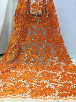 

Orange Color French velvet Lace Fabric 2019 High Quality African Voile Flannel Lace Fraric With Sequins for Nigerian Wedding