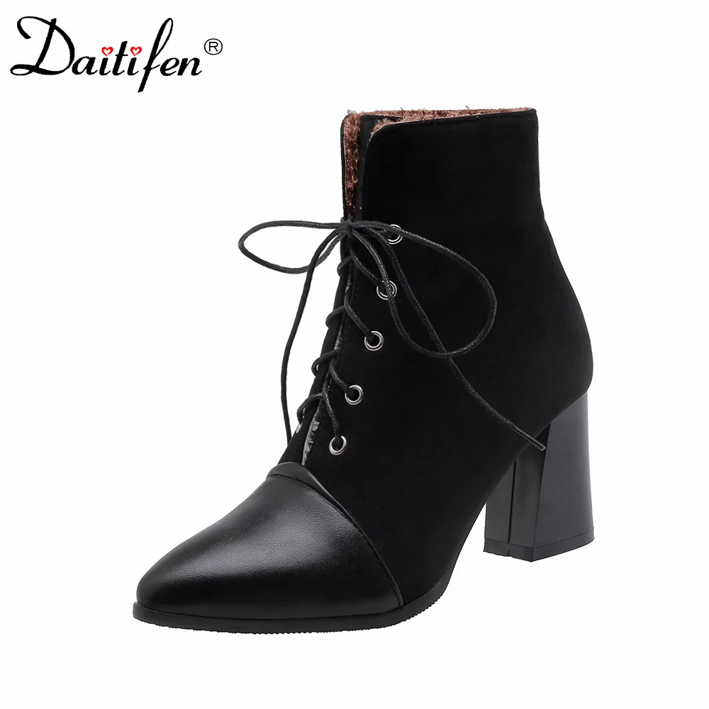

Daitifen New Fashion Lace-Up Ankle Boots Women Winter Keep Warm Shoes Splicing Square Heels Ladies Retro Boots Women Pointed Toe
