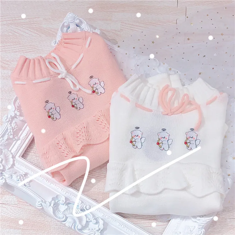 Japanese Harajuku Autumn &amp Winter Women Bear Embroidery Sweater Small Fresh Half high collar Ruffle Cute Kawaii Pullover | Женская