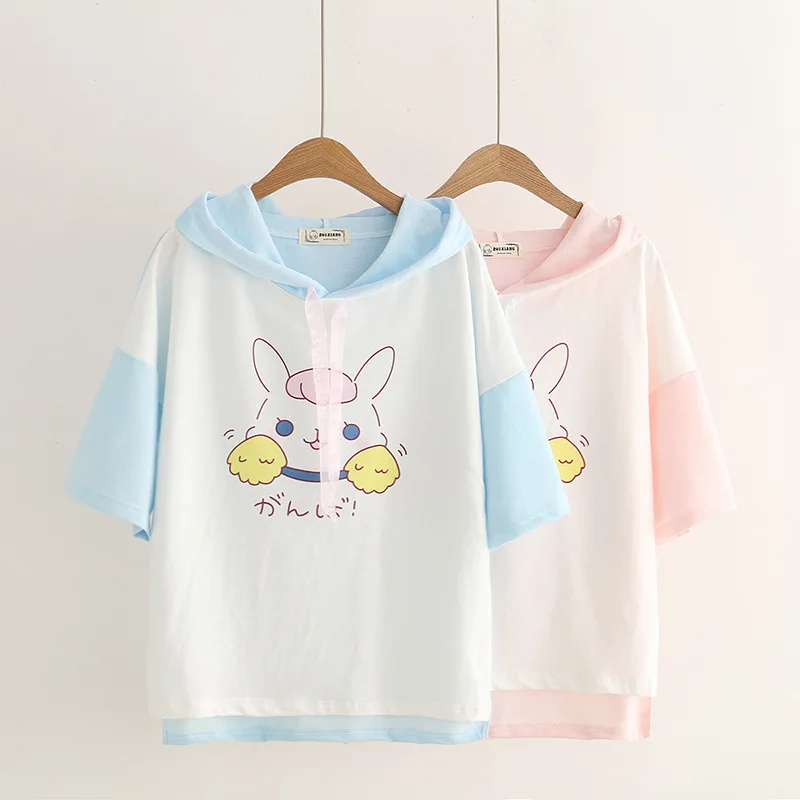  Merry Pretty women hooded sweatshirts sweet rabbit print short sleeve cotton hoodies pink patchwork