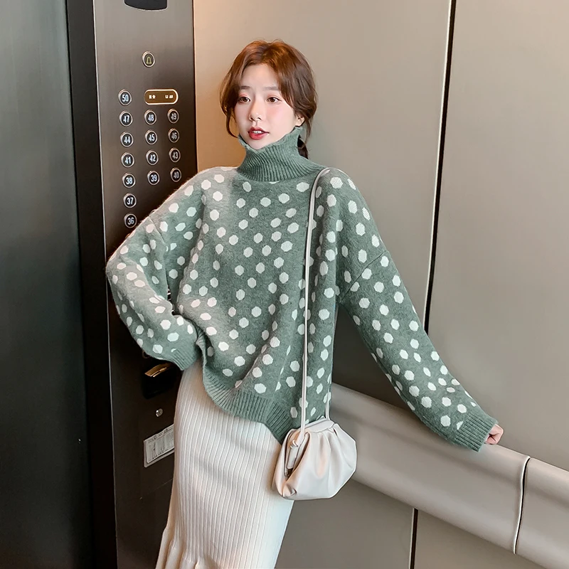 

2019 Winter Long Dot Sweater Knit Thick Pullover Casual Women Turtleneck Female Sweaters Ladies Tops for Womens Jumper Oversized