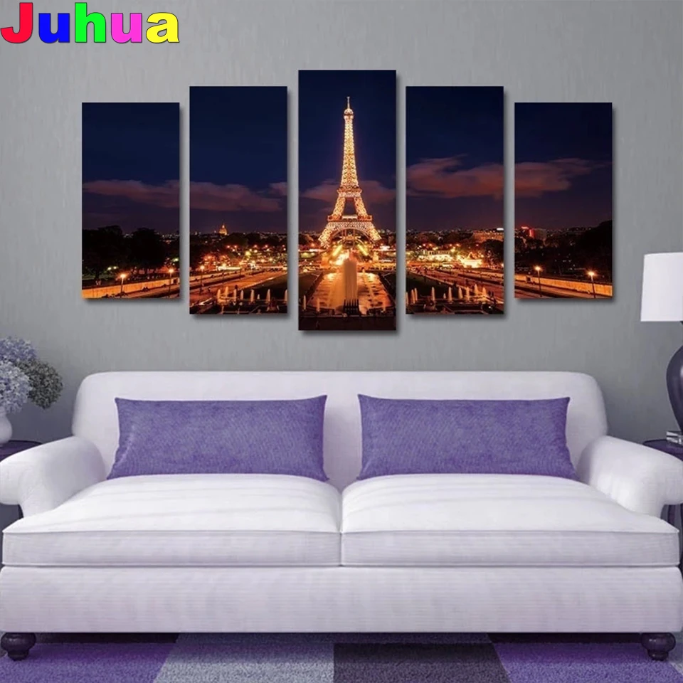 

5 Pcs Night Scene Modern Paris Tower 5d diy diamond painting full drill mosaic diamond stitch embroidery gift Home decor