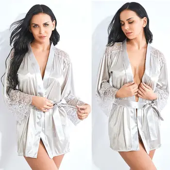 

Women Imitation Silk Long Sleeve Kimono Bath Robe Sheer Floral Lace Splicing Shoulder Cuff Nightgown Belted Waist Mini Sleepwear