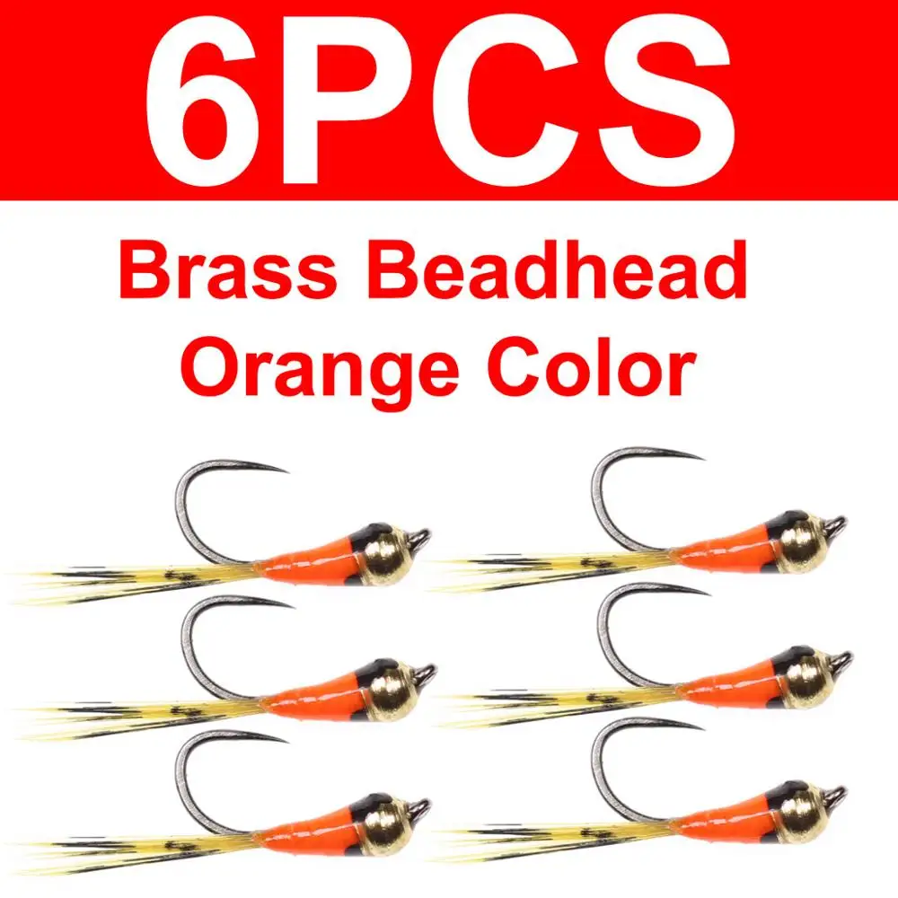 6pcsbrassorange Bimoo 6 шт./кор. испанский пердигон Nymph джиг муха с медными Вольфрам в гранулах головка с быстрым погружением маленькие мухи сухая капельница детали для буровой установки - Цвет: 6pcsbrassorange