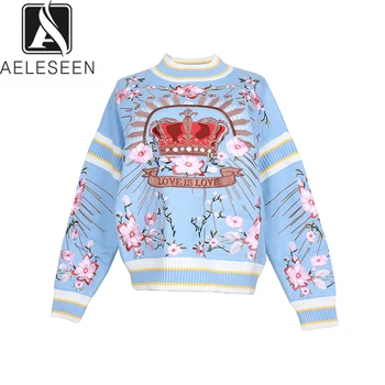 

AELESEEN 2020 New Design Luxury Embroidery Crown Patchwork Sweater Elegant Blue Flower Pattern Loose Style Floral Knitting Women