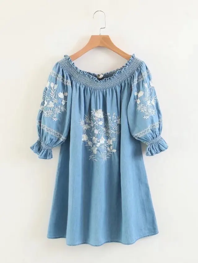 

2018 Spring Europe And America WOMEN'S Dress off-Shoulder Embroidered Computer Cable Lock 18009