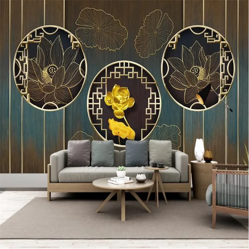 Large 3D wallpaper mural custom gold embossed lotus light luxury decorative painting TV sofa background wallpaper mural