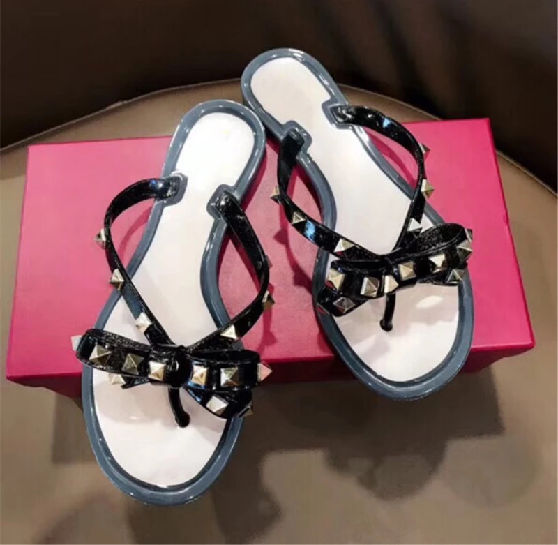 Summer Beach Sandals Woman Flip Flops PVC Slides Female Sandals Rivet Bowknot Slip on Flat with Women Studs Slippers Jelly Shoes