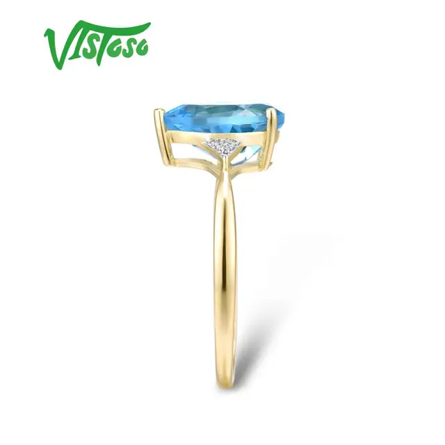 VISTOSO Pure14K 585 Yellow Gold Ring For Women Sparkling Diamond Limpid Blue Topaz Anniversary Classic Fine Jewelry 3