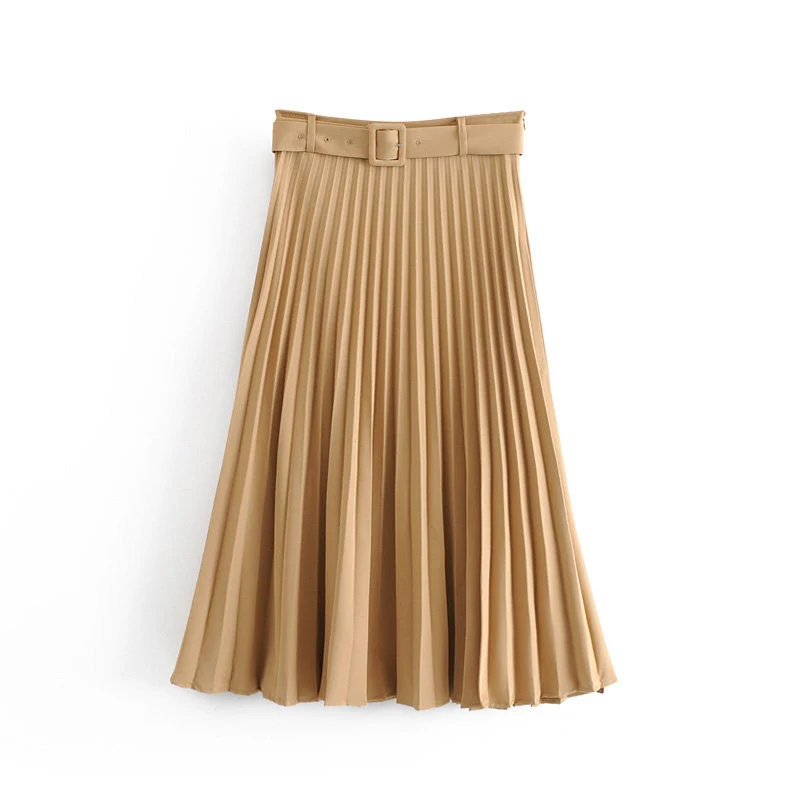 Khaki Solid Pleated Loose Skirt Sashes Mid Calf Skirts Womens High Waist Vintage Faldas Spring Autumn Pure High Quality Jupe Femme - Цвет: Khaki