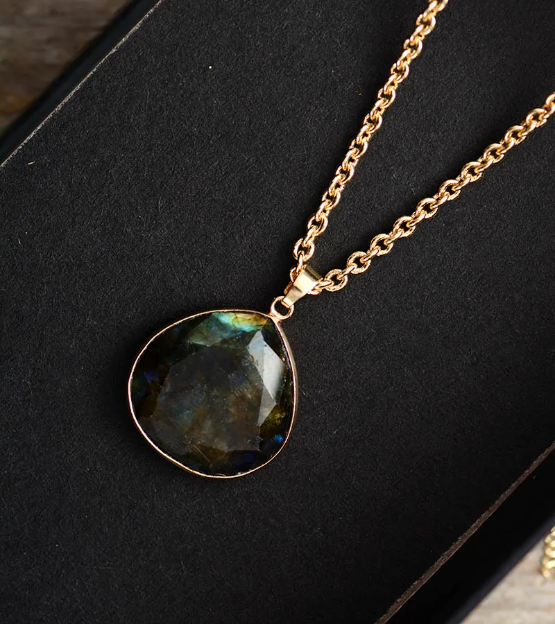 Natural Stone Teardrop Pendant Necklace Labradorite Gold Tone Chain Short Necklace Unique Gems Jewelry Wholesale Dropshipping - Image 5