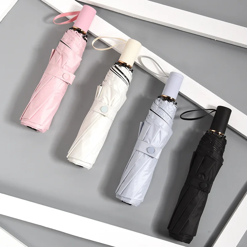 

Three Fold Plain Color Matching Color Handle All-Weather Umbrella Vinyl Sun-resistant UV-Protection Advertisement Logo Customiza