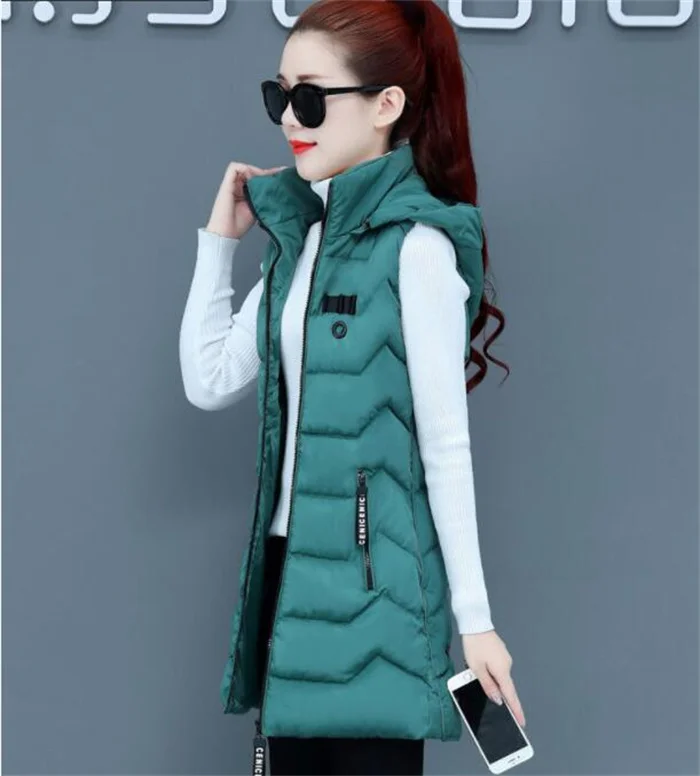 petite long puffer coat 2021 New Autumn Winter Women's Vest Mid-Length Coat Slim Waistcoat Large Size Thicken Zipper Hooded Removable Ladies Vest Jacket white puffer coat