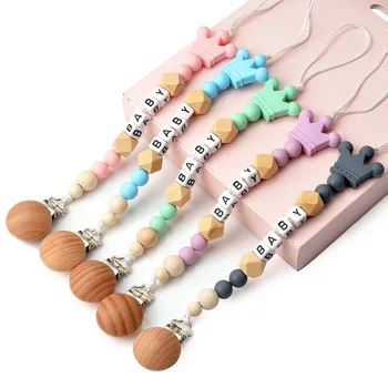 

Custom Name Baby Pacifier Clip Chains Beech Wood Bead Star Silicone Beads Soother Chain Baby Teether Toy Nipple Holder