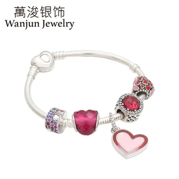 

Wanjun Jewelry 100% 925 Sterling Silver Heart-shaped Brand Bracelets Pendant & Bangles Beadeds Valentine's Day Set Gift
