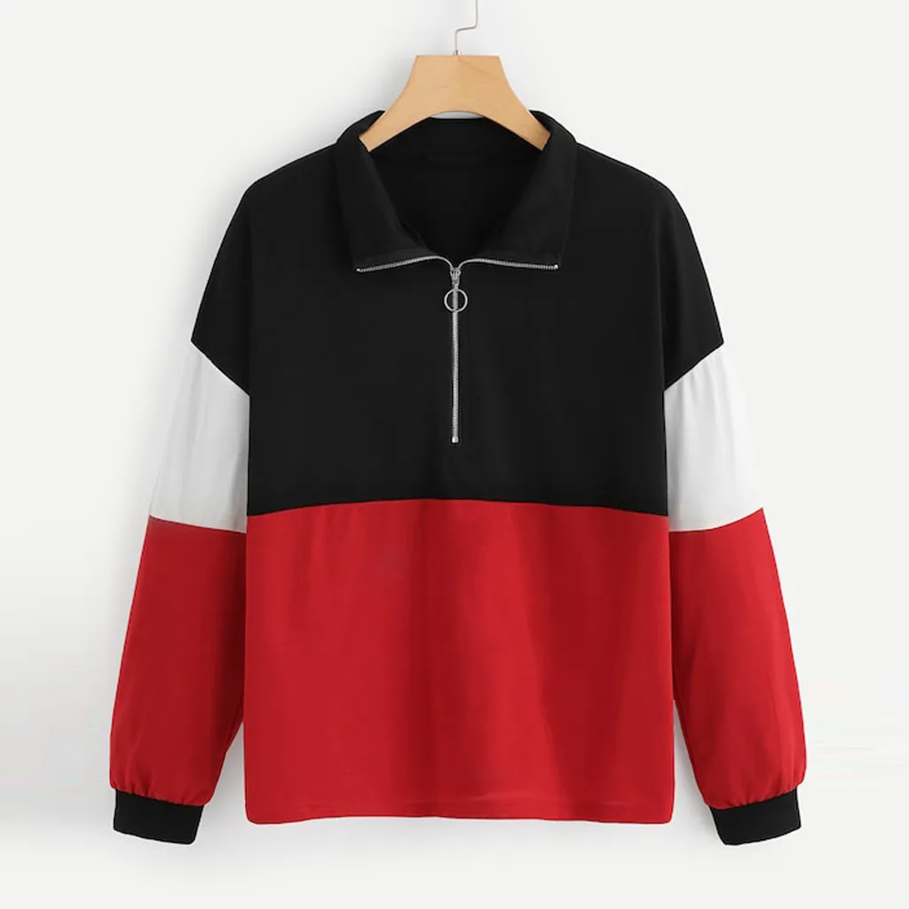 JAYCOSIN Fashion Women Zipper Hoodie Color Block Sweatshirt Casual Simple Loose O-Neck Comfortable Soft Jumper Blouse