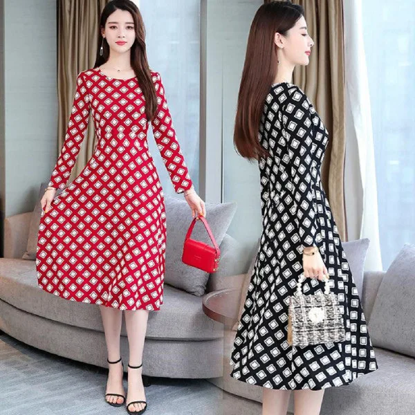 

Kuotaitai Large Size Dress Autumn Clothing Long-sleeved Dress Loose-Fit Waist Hugging Slimming Mid-length Red Middle-aged Women