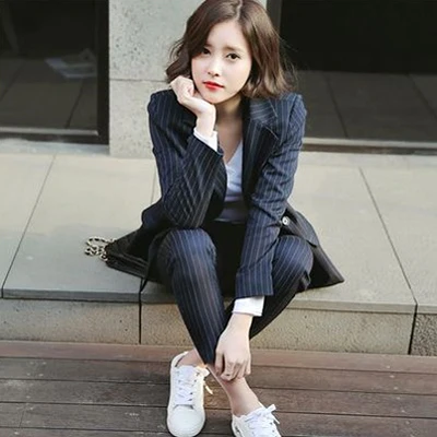 

2020 Spring New Female Two-piece Set Korean Casual Solid Striped Double-breasted Slim Blzaer + Ankle-length Pants OL Clothes