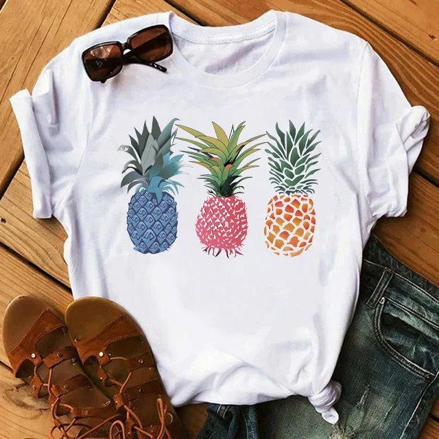 Mulher tshirts Verão 2020 Letras Moda Abacaxi Simples Impresso Curto de Mangas Compridas Top Branco T shirt das Mulheres Tops t shirt das mulheres|Camisetas| - AliExpress