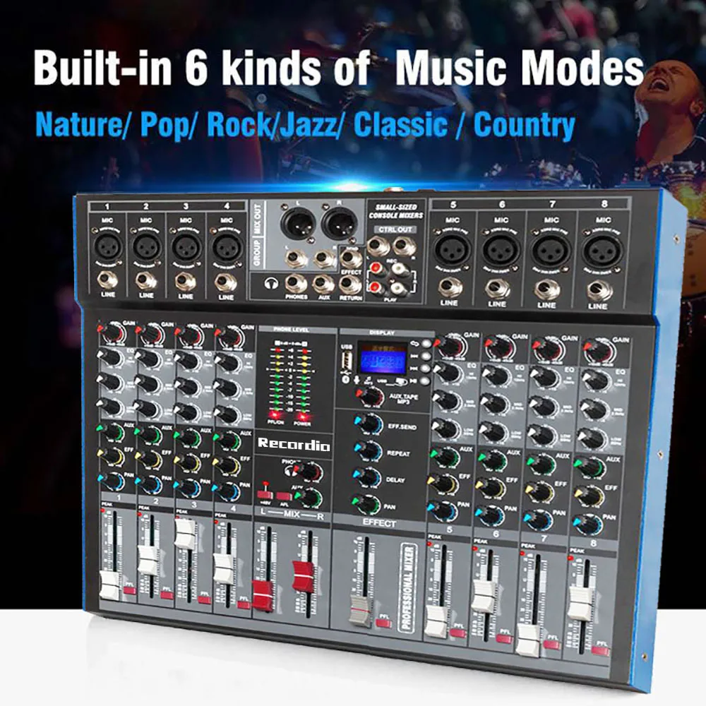 GAX-ET8 Professional 8 Channel blueteeth Audio Mixer USB High Bass Mixing Console MP3 Karaoke Amplifier DJ Equipment
