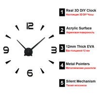 Duży zegar ścienny kwarcowy 3D DIY duże dekoracyjne zegary kuchenne lustro akrylowe naklejki Oversize zegar ścienny do domu z literami Home Decor 2