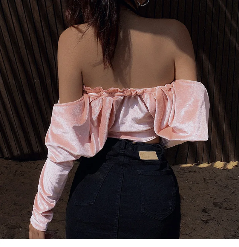 Women's Pink Off-shoulder Top Long-sleeved V-neck Low-cut Short T-shirt Sexy Halter Ladies Party Night Club Wear