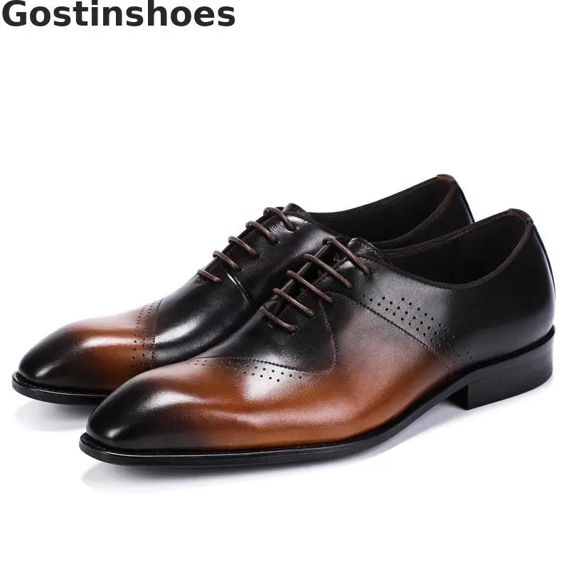 Luxury Oxfords Shoes Men Genuine Leather Lace-up Pointed Toe Fashion Mens Shoes Black Brown Formal Leather Shoes Office Dress