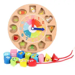Детская интеллектуальная мощность деревянные цифровые животные носить веревку игрушка бисером игры электронные часы строительные блоки