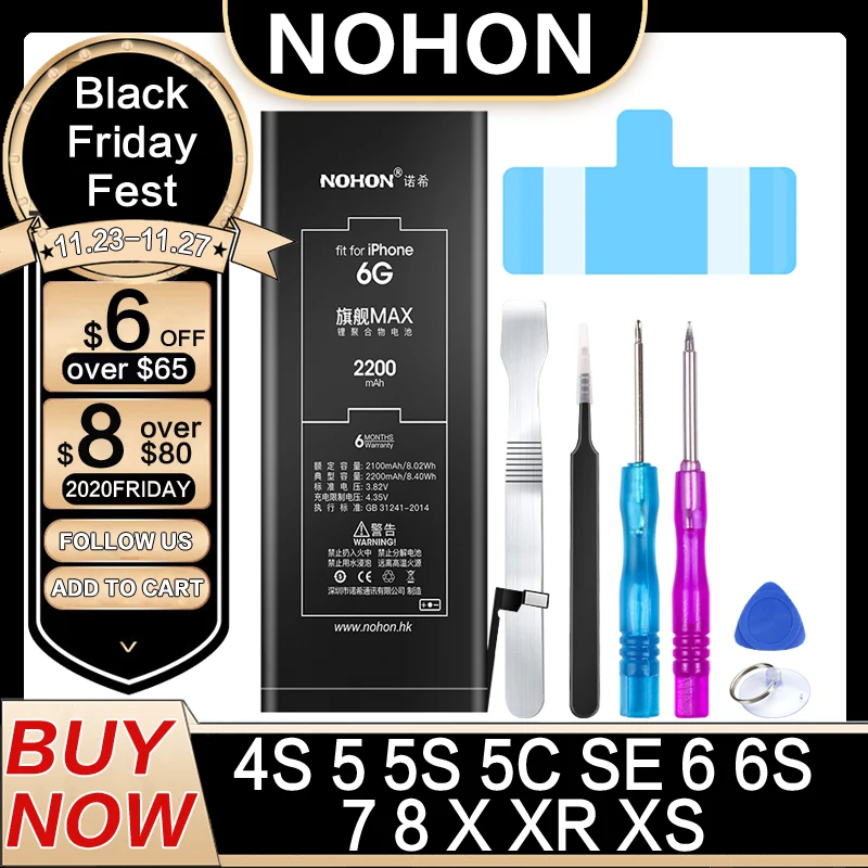 NOHON телефон батарея для iPhone 6 6S 7 8 SE X 5 5S 5C Xs Xr iPhone6 iPhone7 аккумулятор замена